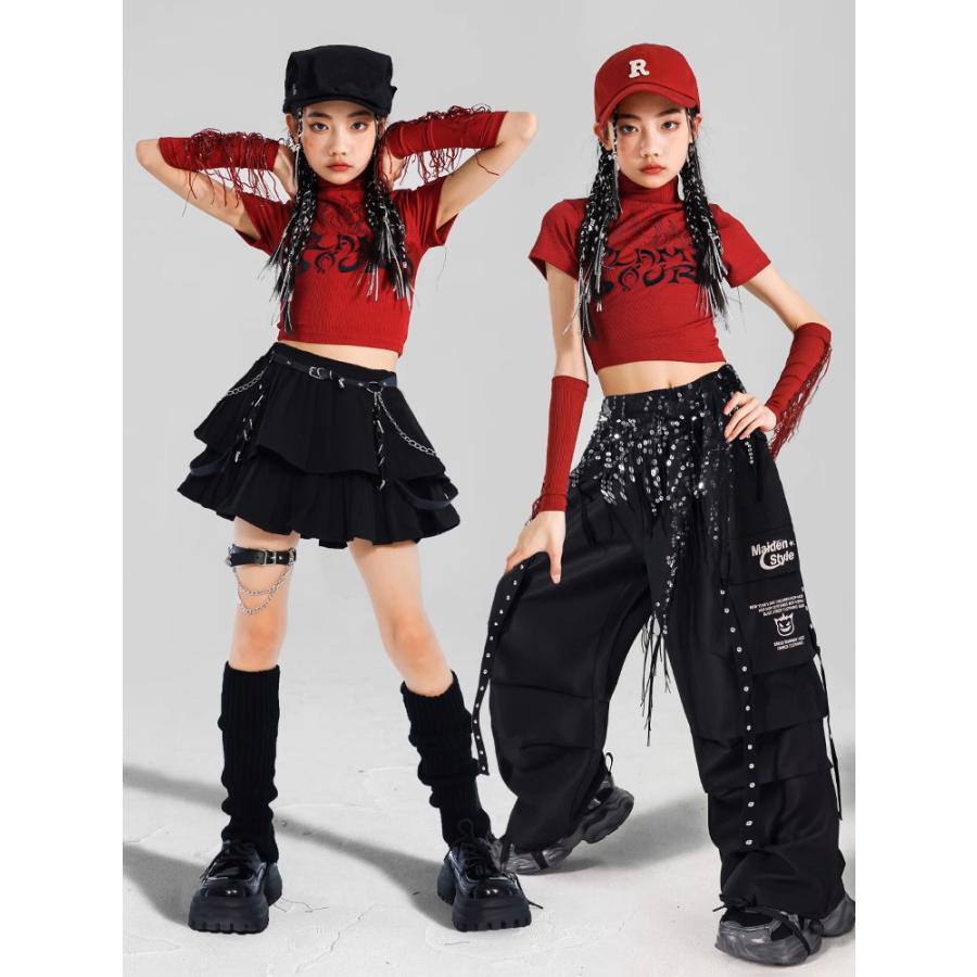 ダンス衣装 キッズ セットアップ 赤 黒 チアダンス ガールズ ヒップ