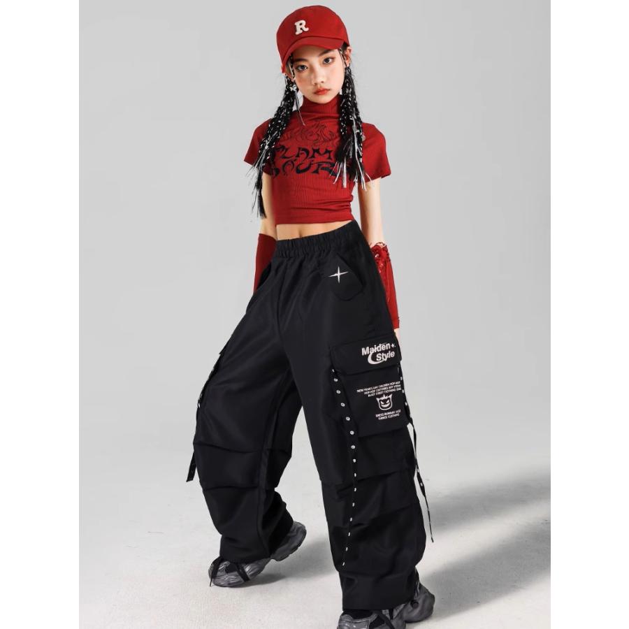 ダンス衣装 キッズ セットアップ 赤 黒 チアダンス ガールズ ヒップ