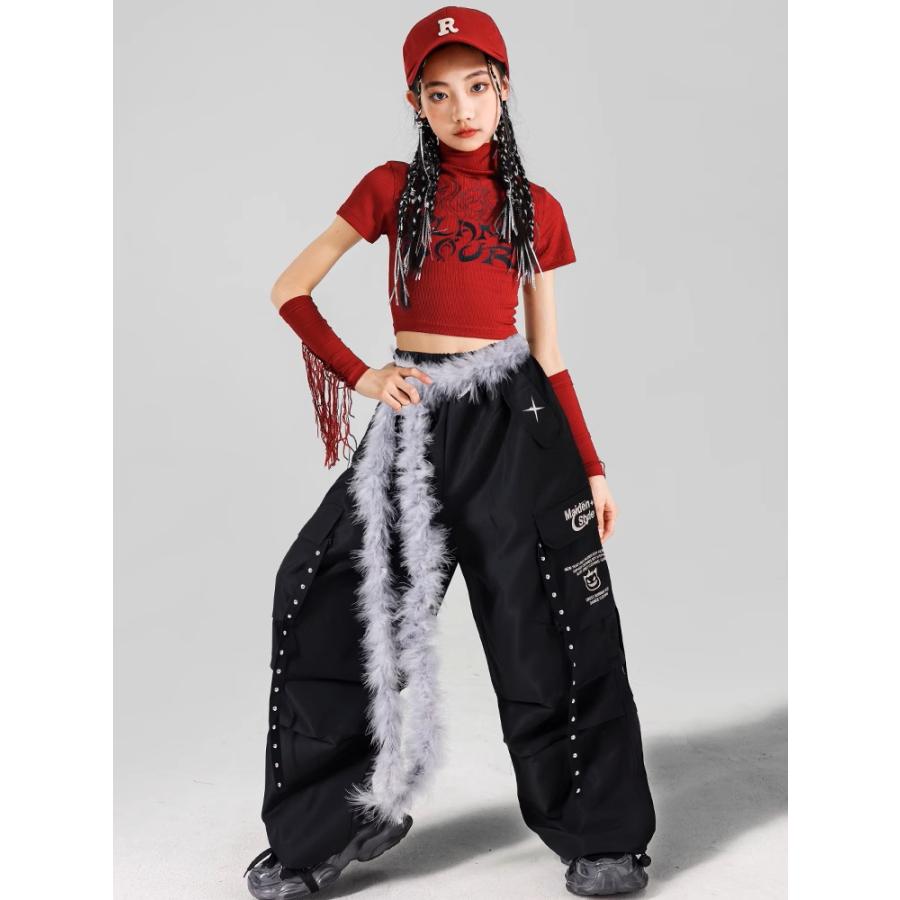 ダンス衣装 キッズ セットアップ 赤 黒 チアダンス ガールズ ヒップ