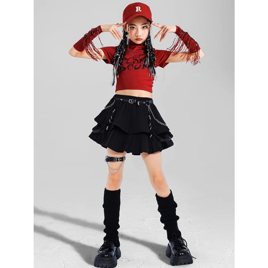 ダンス衣装 キッズ セットアップ 赤 黒 チアダンス ガールズ ヒップ