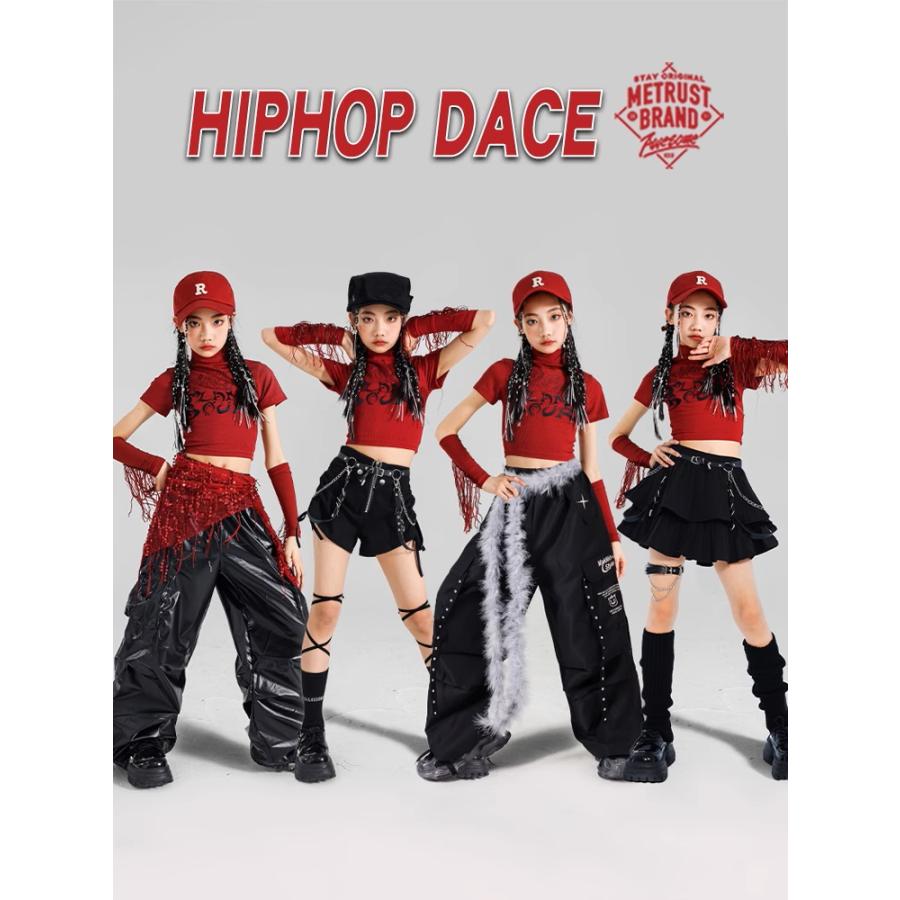 ダンス衣装 キッズ セットアップ 赤 黒 チアダンス ガールズ ヒップ
