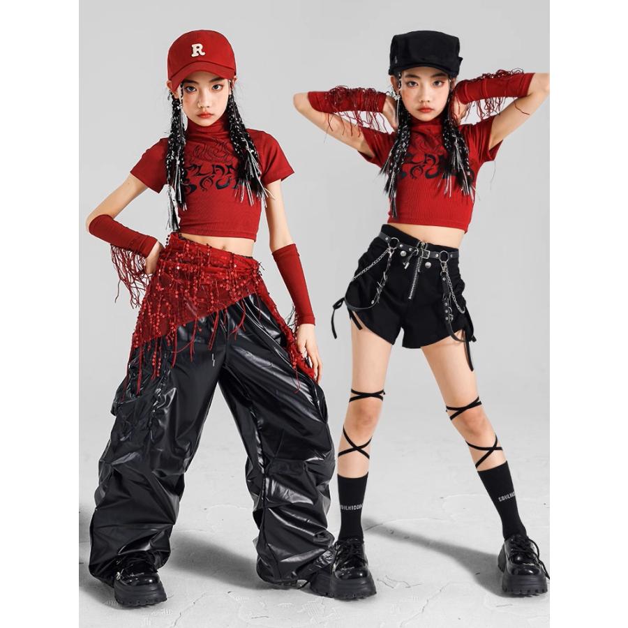 ダンス衣装 キッズ セットアップ 赤 黒 チアダンス ガールズ ヒップ