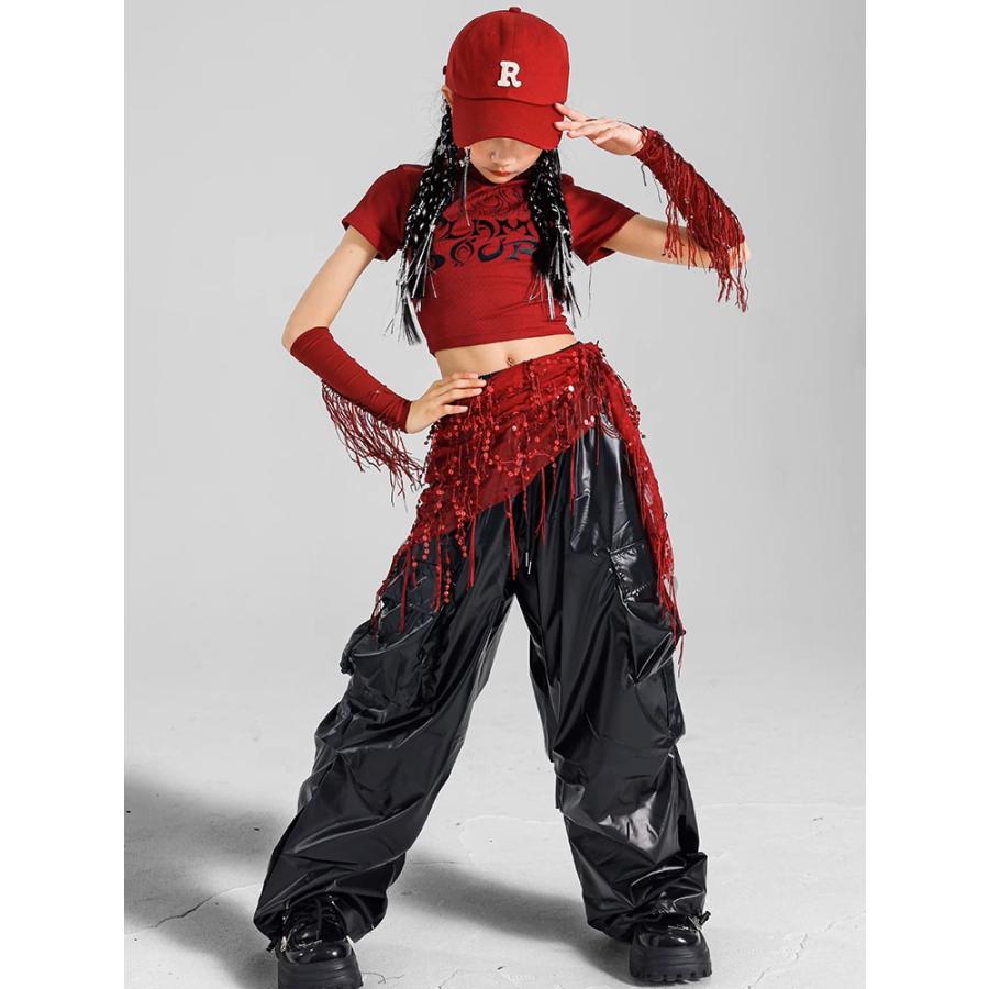 ダンス衣装 キッズ セットアップ 赤 黒 チアダンス ガールズ ヒップ