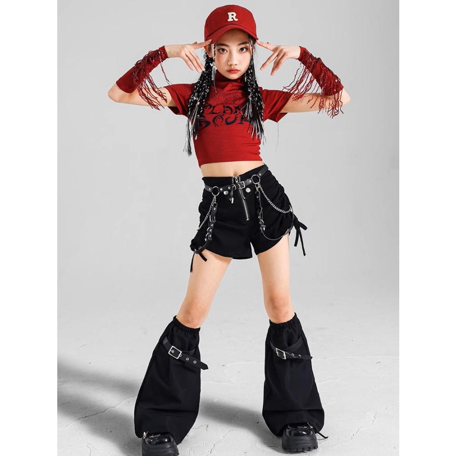 ダンス衣装 キッズ セットアップ 赤 黒 チアダンス ガールズ ヒップ