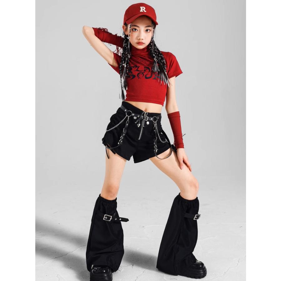 ダンス衣装 キッズ セットアップ 赤 黒 チアダンス ガールズ ヒップ