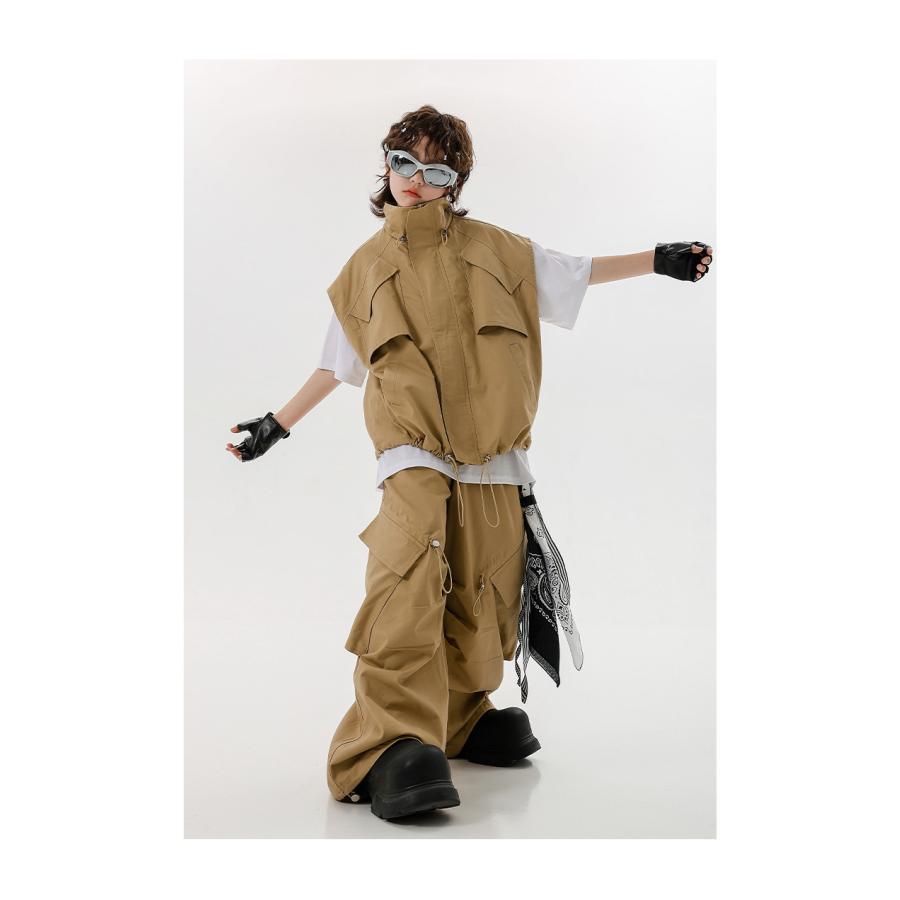ベージュ シフォン フリル ダンス衣装 ヒップホップ ダンス衣装 セットアップ ベージュ ブラック キッズ