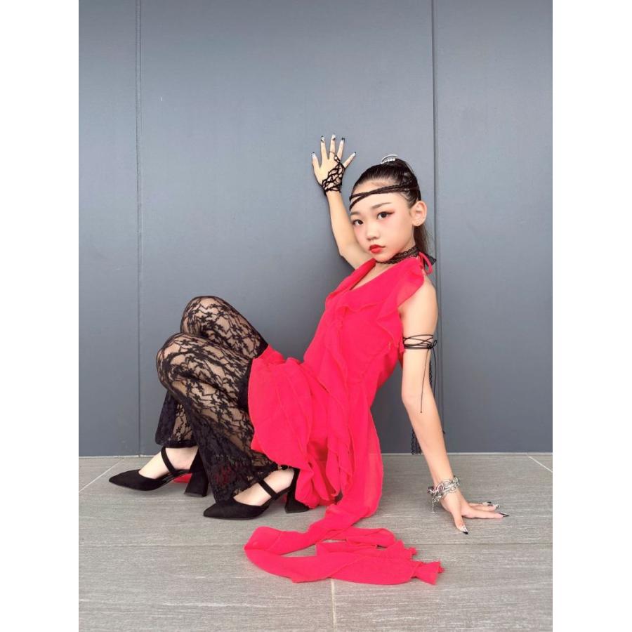 ダンス衣装 赤 黒 ジャズ ヒップホップ ガールズ チュニック レース