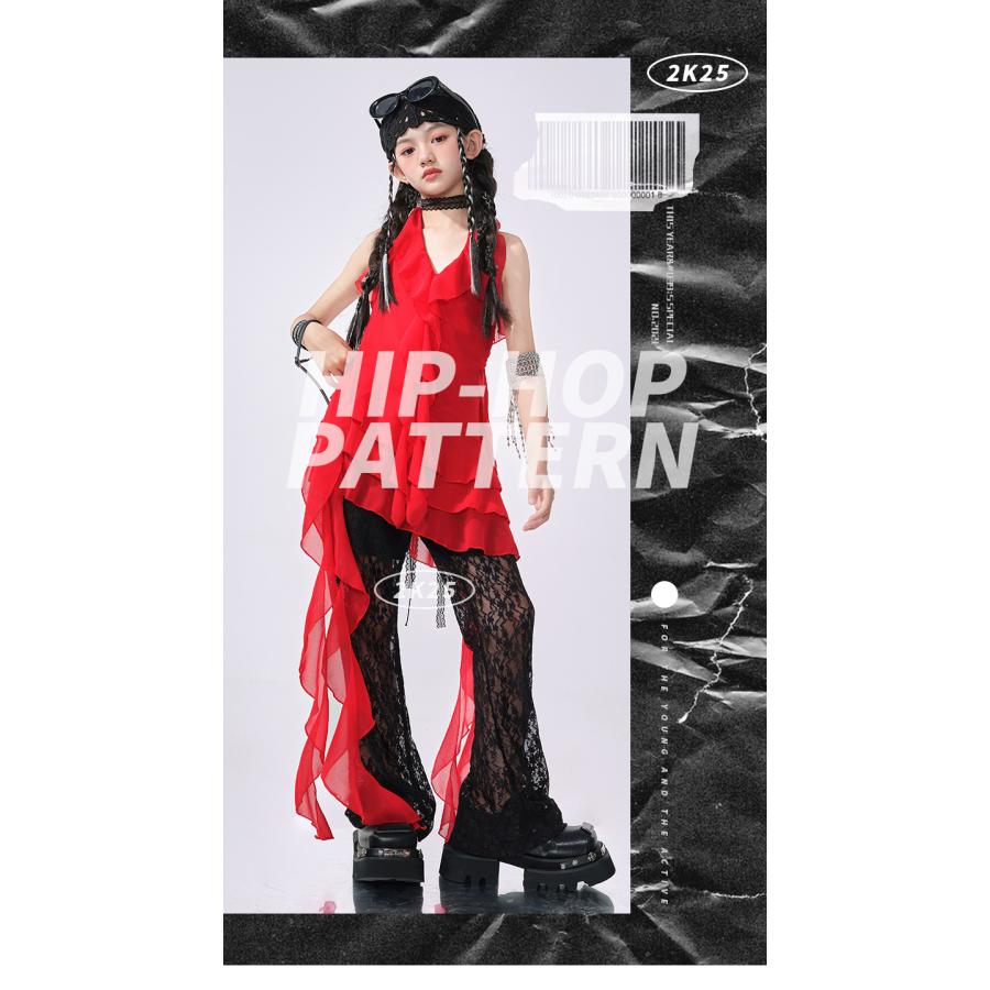ダンス衣装 赤 黒 ジャズ ヒップホップ ガールズ チュニック レース