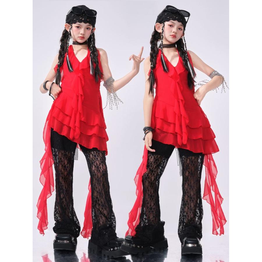 ダンス衣装 赤 黒 ジャズ ヒップホップ ガールズ チュニック レース