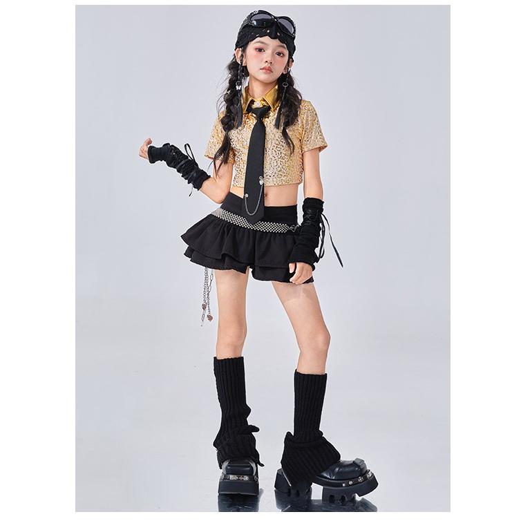 新品 社交ダンス セットアップ 黒地にゴールドプリント ドルマンスリーブ ダンス衣装 ガールズ 衣装 ゴールド ブラック ブラウン 派手 K-POP