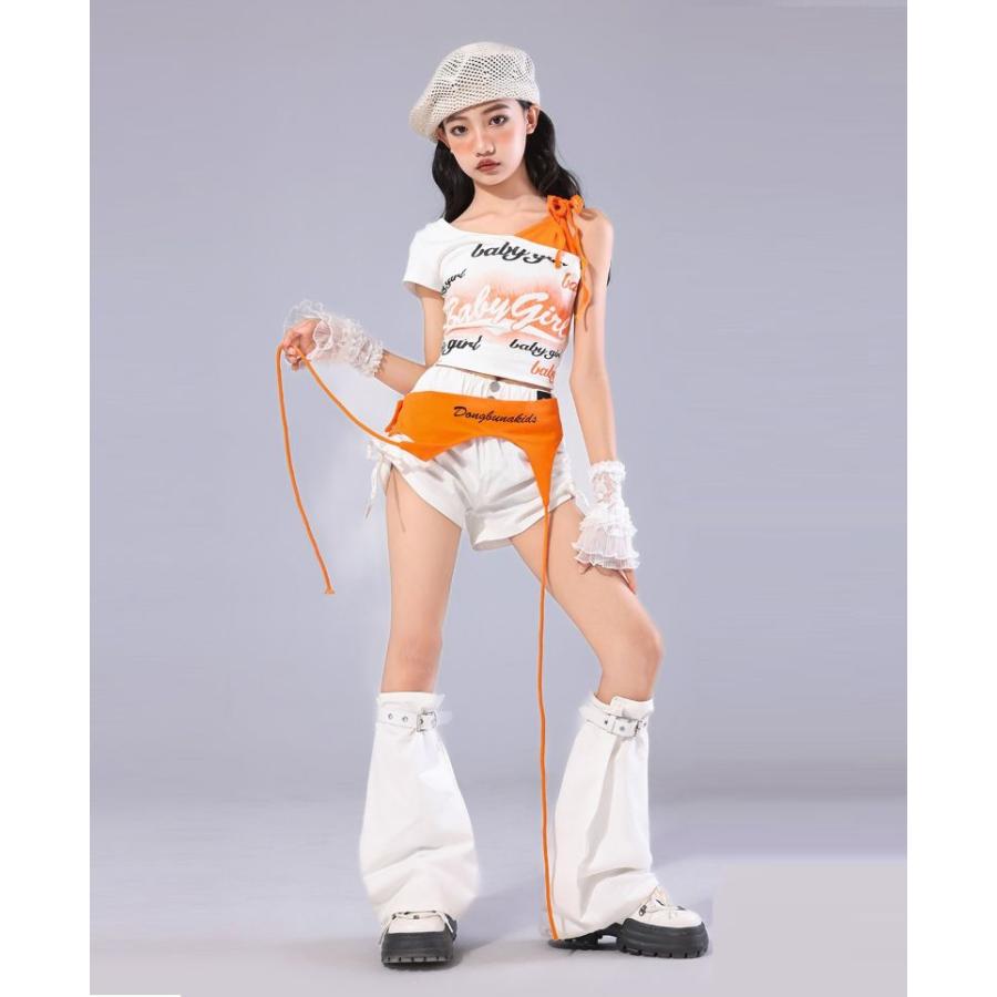 ダンス衣装 キッズ セットアップ 派手 オレンジ 白 K-POP 韓国