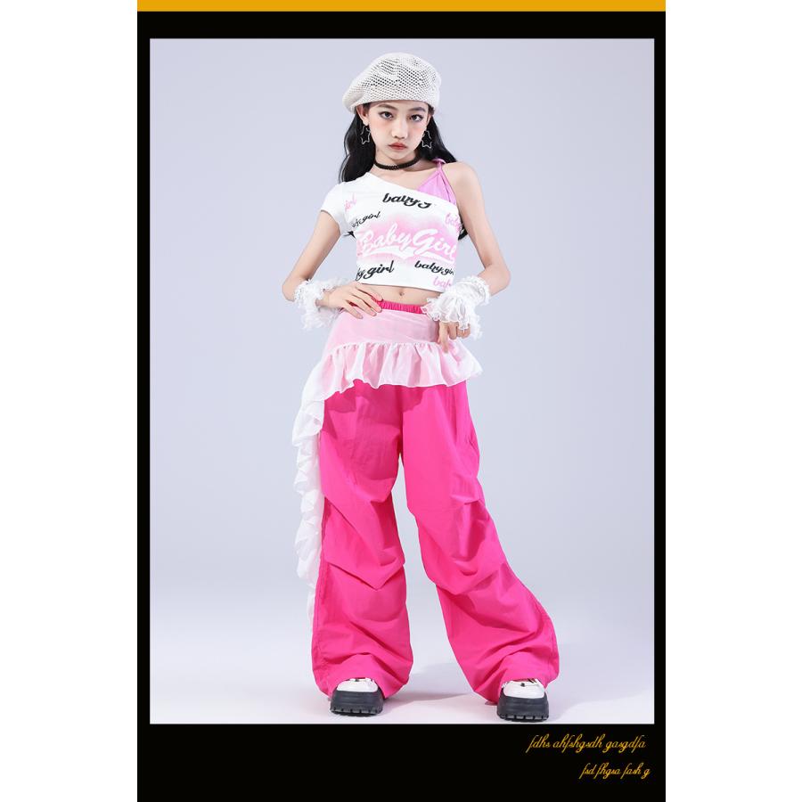 ダンス衣装 キッズ セットアップ 派手 ピンク 白 K-POP 韓国 ガールズ