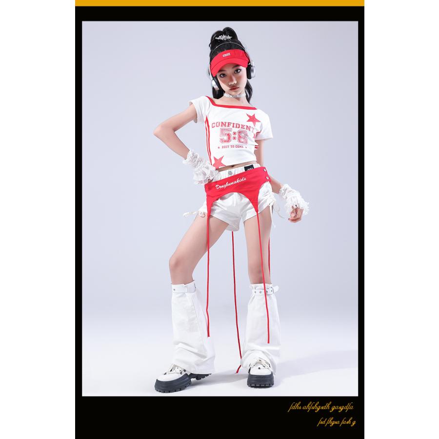 ダンス衣装 キッズ セットアップ 派手 白 赤 K-POP 韓国 ガールズ