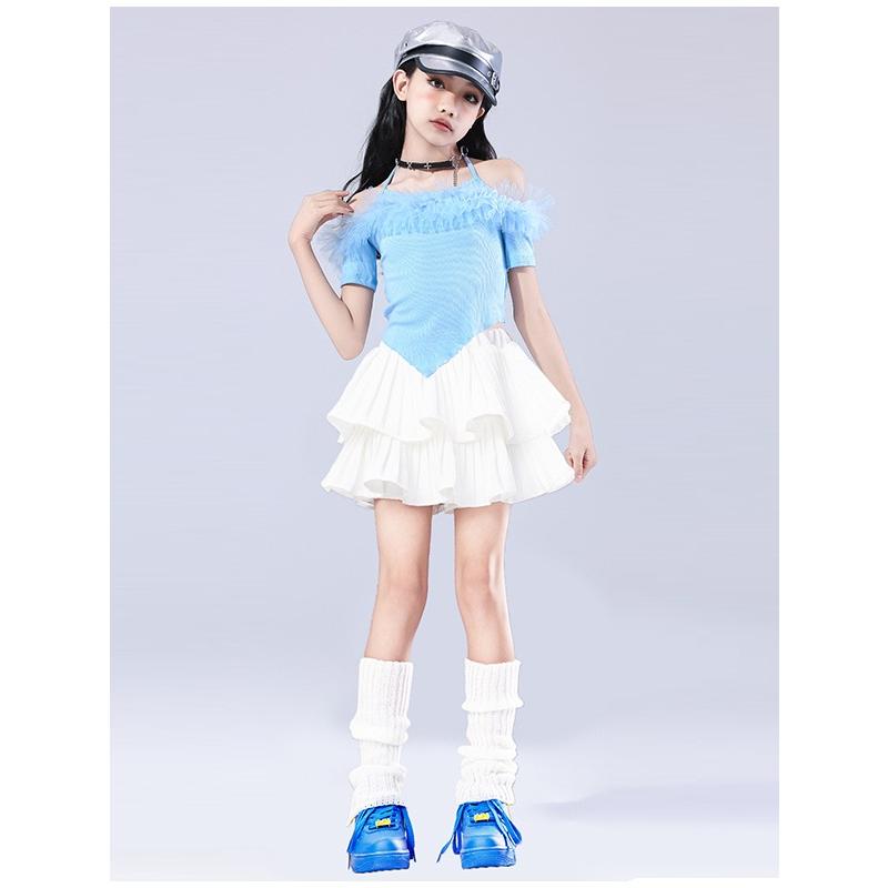 ダンス衣装 ガールズ 衣装 水色 白 K-POP 韓国 ジャズ キッズダンス