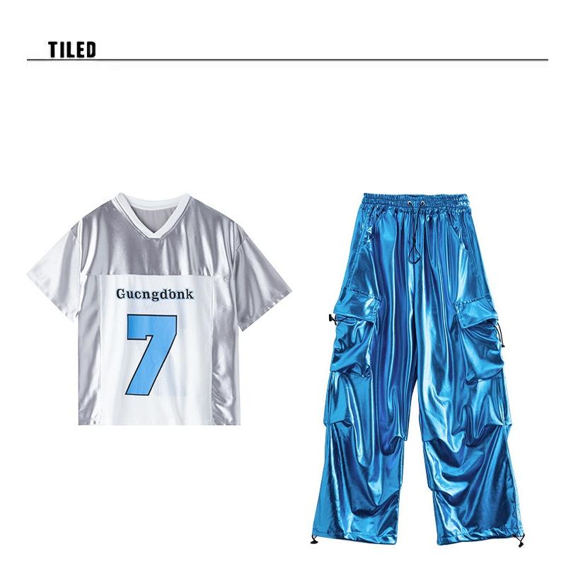 キッズダンス衣装 セットアップ 派手 キラキラTシャツ 銀 シルバー