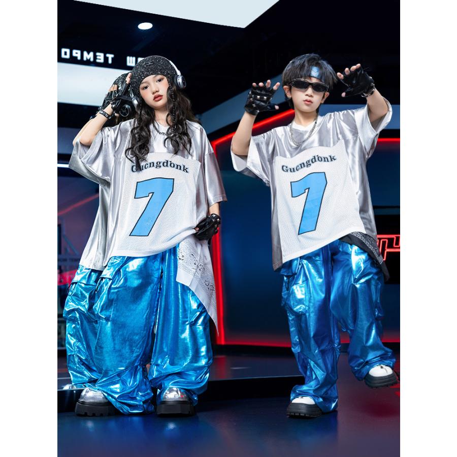 キッズダンス衣装 セットアップ 派手 キラキラTシャツ 銀 シルバー