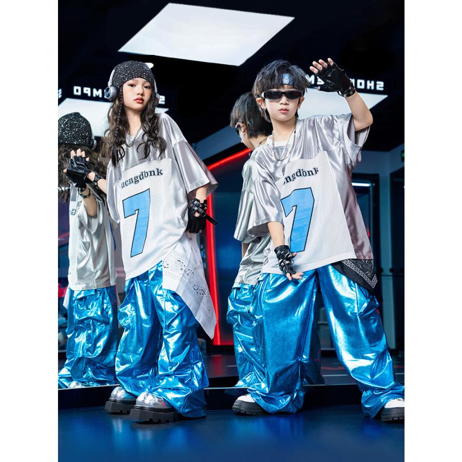 キッズダンス衣装 セットアップ 派手 キラキラTシャツ 銀 シルバー
