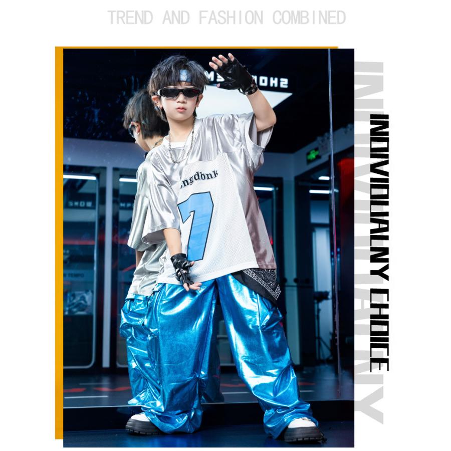 キッズダンス衣装 セットアップ 派手 キラキラTシャツ 銀 シルバー