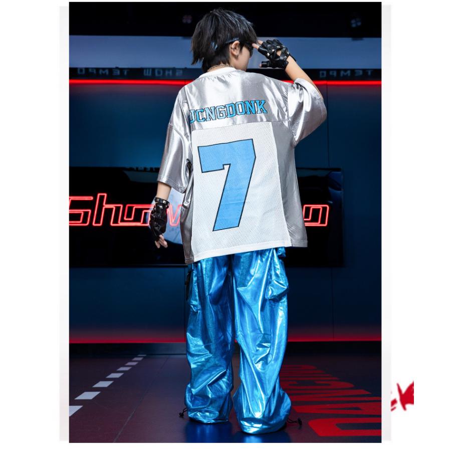 キッズダンス衣装 セットアップ 派手 キラキラTシャツ 銀 シルバー