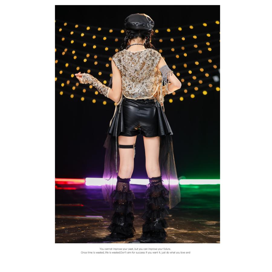 ダンス衣装 キッズ セットアップ K-POP 韓国 ガールズ ヒップホップ 衣装 ゴールド 黒 ヘソ出しトップス レザーパンツ キラキラ衣装 スパンコール 派手 |  | 11