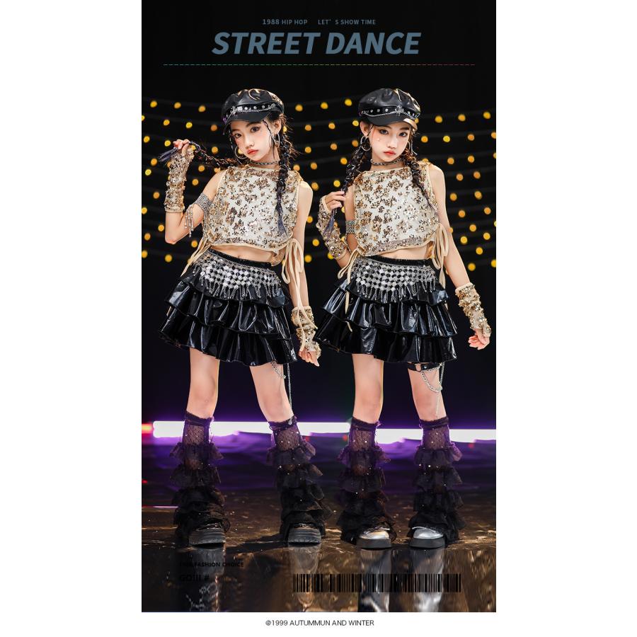 ダンス衣装 キッズ セットアップ K-POP 韓国 ガールズ ヒップホップ 衣装 ゴールド 黒 ヘソ出しトップス レザーパンツ キラキラ衣装 スパンコール 派手 |  | 12