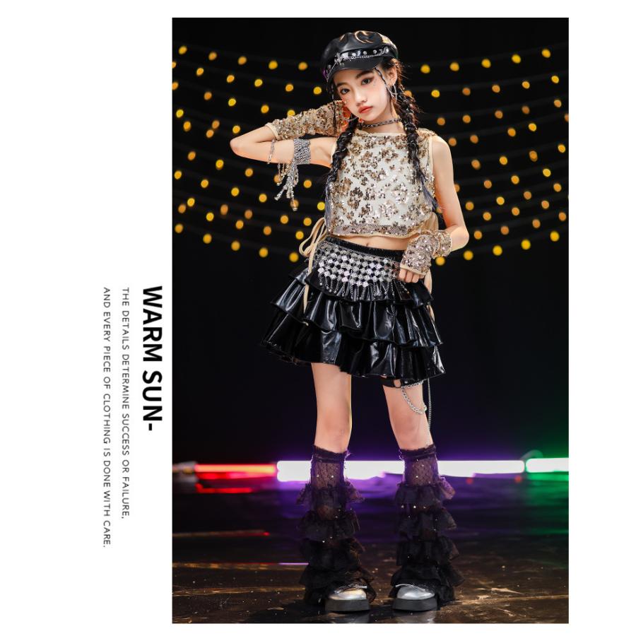 ダンス衣装 キッズ セットアップ K-POP 韓国 ガールズ ヒップホップ 衣装 ゴールド 黒 ヘソ出しトップス レザーパンツ キラキラ衣装 スパンコール 派手 |  | 13