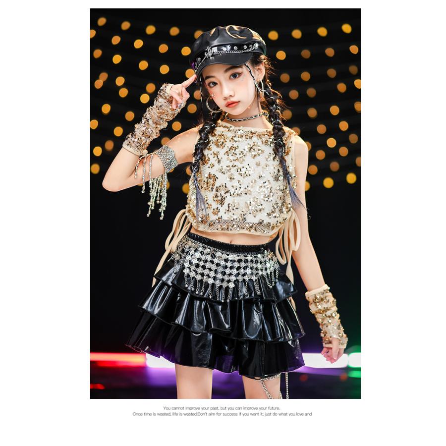 ダンス衣装 キッズ セットアップ K-POP 韓国 ガールズ ヒップホップ 衣装 ゴールド 黒 ヘソ出しトップス レザーパンツ キラキラ衣装 スパンコール 派手 |  | 15