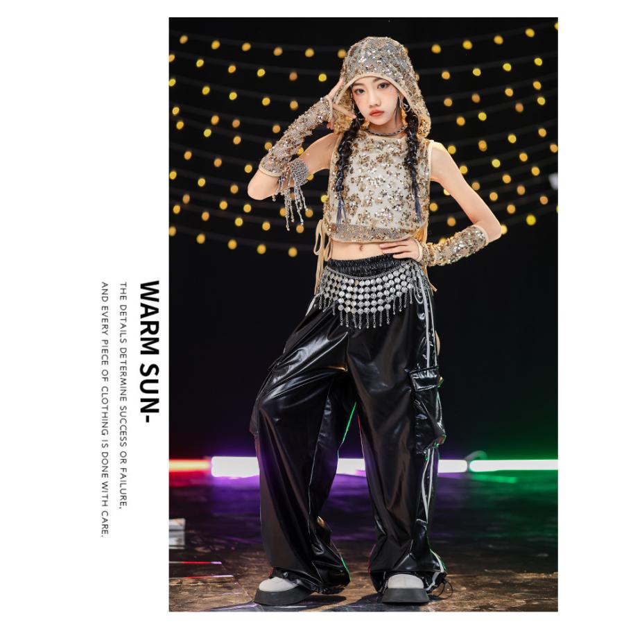 ダンス衣装 キッズ セットアップ K-POP 韓国 ガールズ ヒップホップ 衣装 ゴールド 黒 ヘソ出しトップス レザーパンツ キラキラ衣装 スパンコール 派手 |  | 02