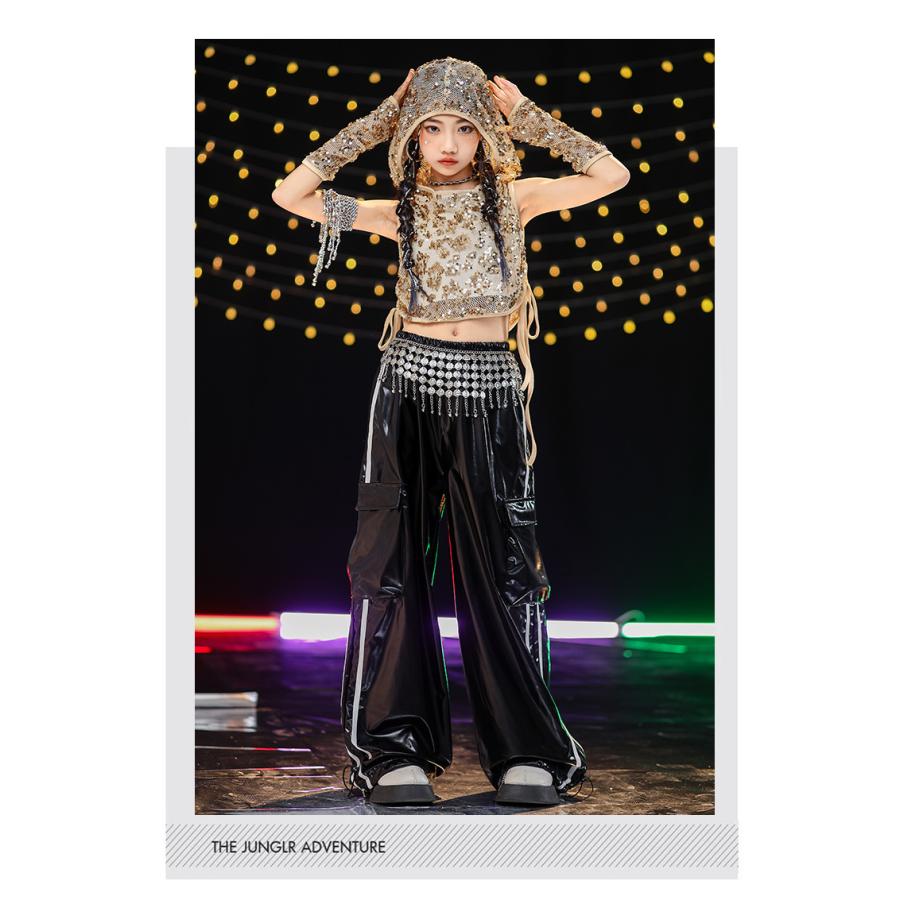 ダンス衣装 キッズ セットアップ K-POP 韓国 ガールズ ヒップホップ 衣装 ゴールド 黒 ヘソ出しトップス レザーパンツ キラキラ衣装 スパンコール 派手 |  | 03