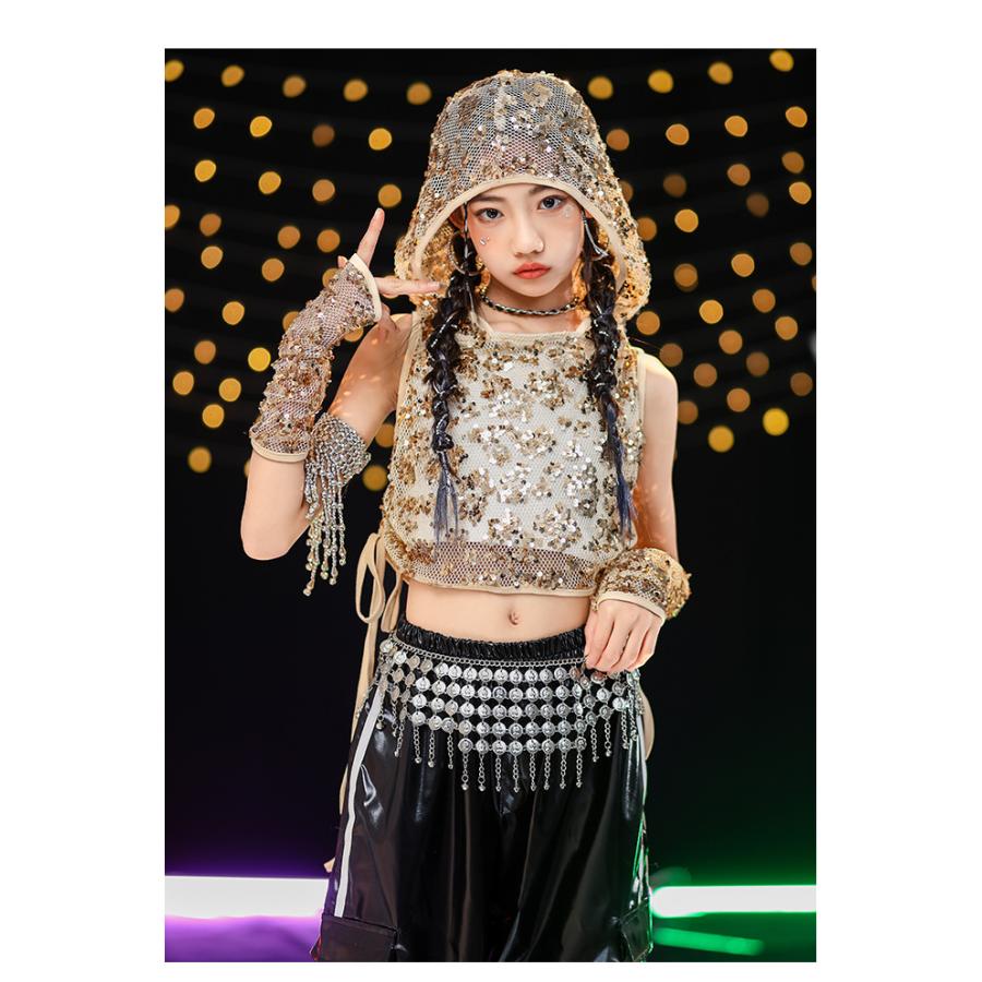 ダンス衣装 キッズ セットアップ K-POP 韓国 ガールズ ヒップホップ 衣装 ゴールド 黒 ヘソ出しトップス レザーパンツ キラキラ衣装 スパンコール 派手 |  | 04