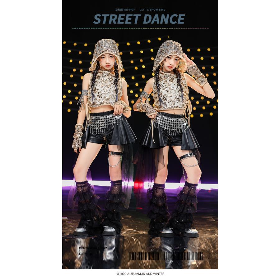 ダンス衣装 キッズ セットアップ K-POP 韓国 ガールズ ヒップホップ 衣装 ゴールド 黒 ヘソ出しトップス レザーパンツ キラキラ衣装 スパンコール 派手 |  | 06