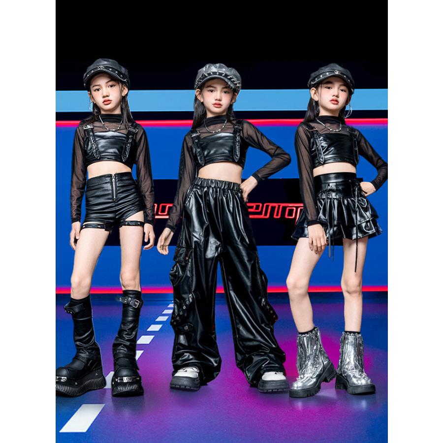 ダンス衣装 ガールズ 衣装 かっこいい 黒 レザー K-POP 韓国