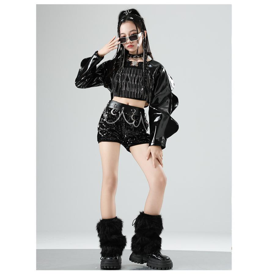 手作りダンス衣装　黒のシースルーシャツ スパンコール装飾 ダンス衣装 ガールズ 衣装 黒 エナメル スパンコール K-POP 韓国
