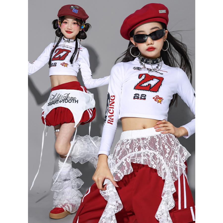 ガールズ ヒップホップ 衣装 白 赤 K-POP 韓国 チアダンス 子供ダンス
