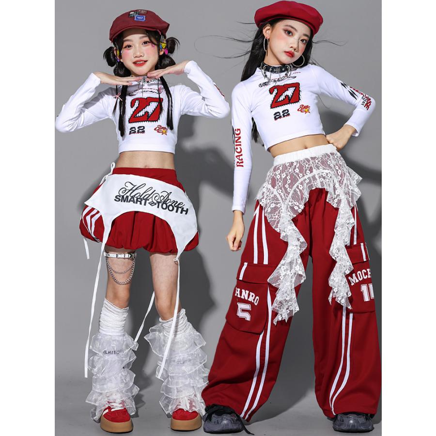 ガールズ ヒップホップ 衣装 白 赤 K-POP 韓国 チアダンス 子供ダンス