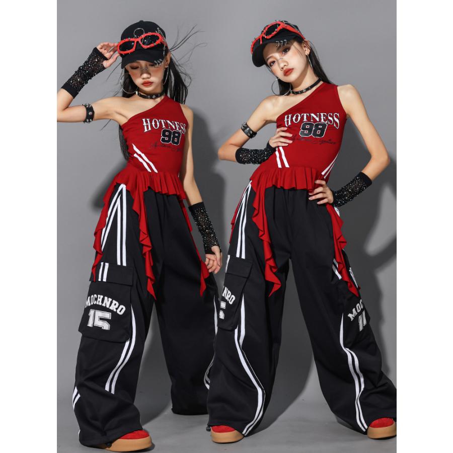 ガールズ ヒップホップ 衣装 黒 赤 K-POP 韓国 チアダンス 子供ダンス