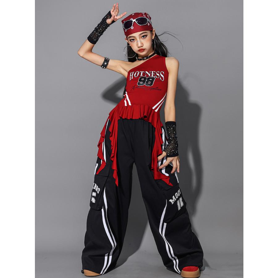 ガールズ ヒップホップ 衣装 黒 赤 K-POP 韓国 チアダンス 子供ダンス