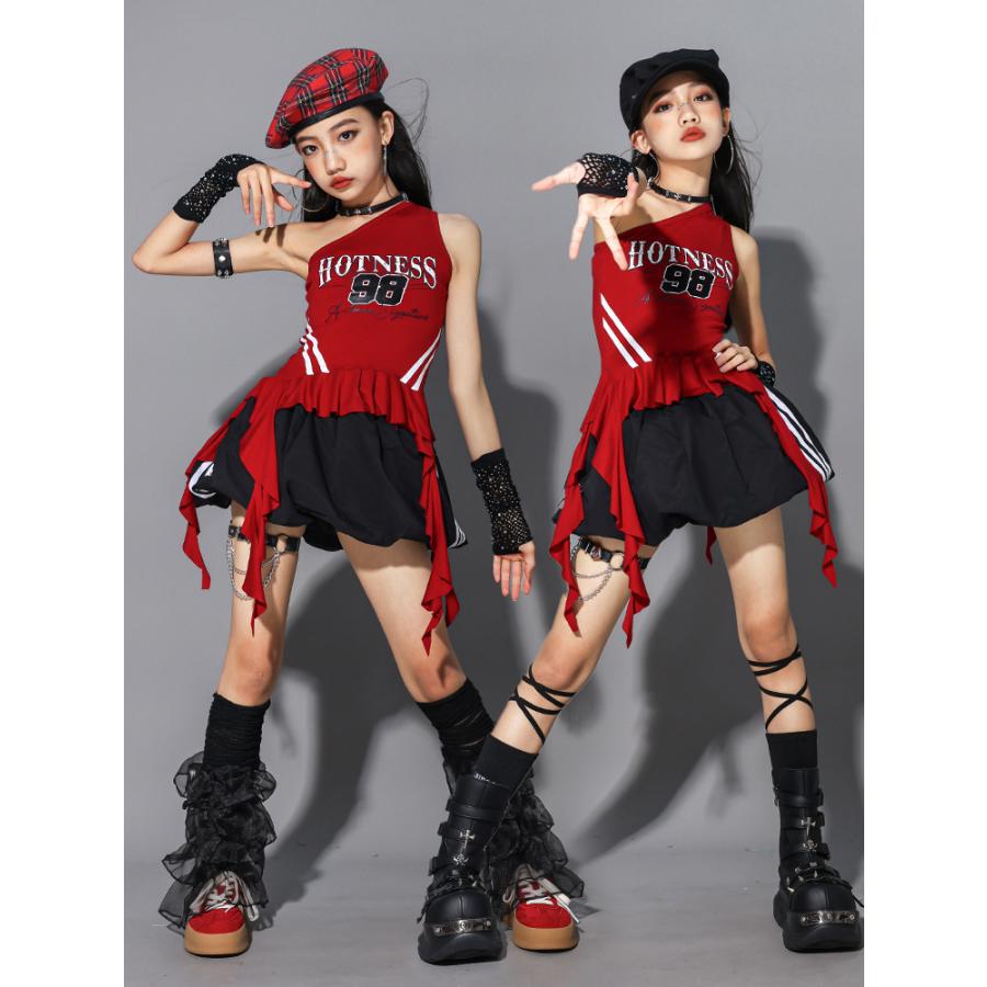 チアリーディングウェア 黒 赤 スパンコール ガールズ ヒップホップ 衣装 黒 赤 K-POP 韓国 チアダンス 子供ダンス