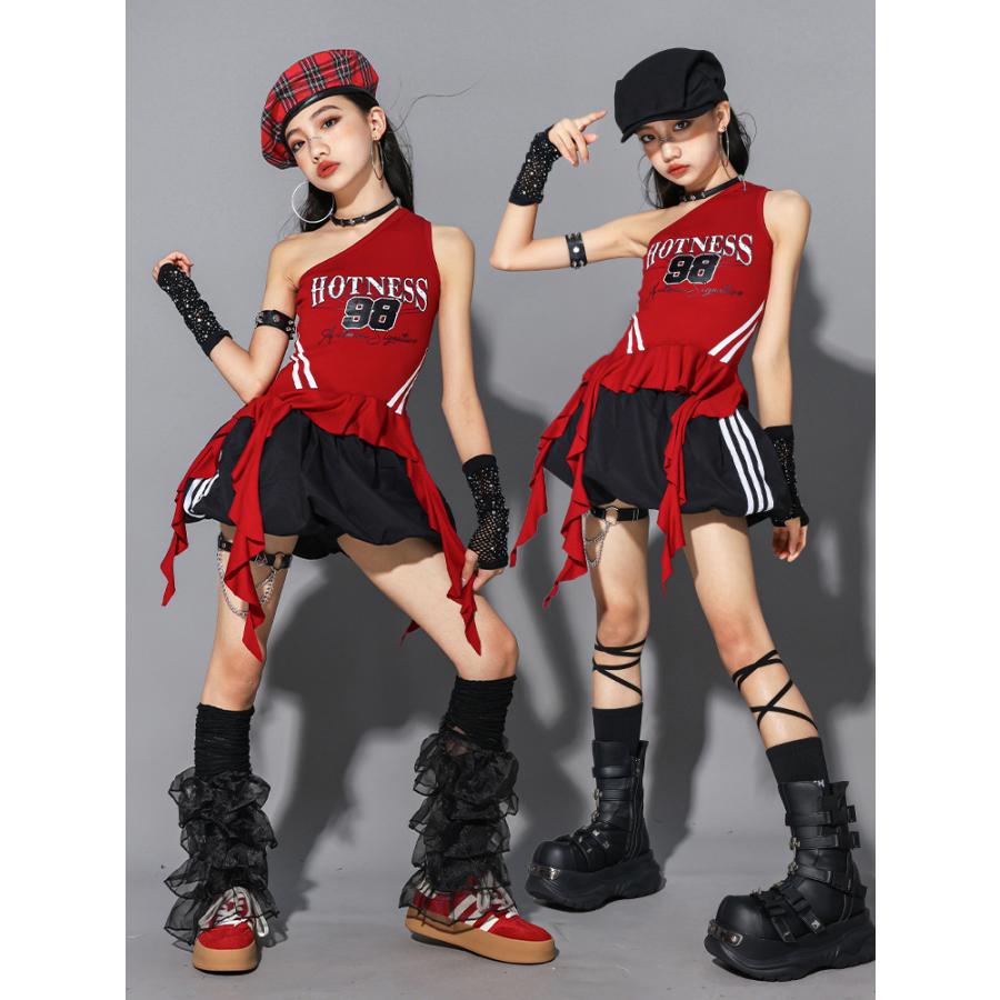 ガールズ ヒップホップ 衣装 黒 赤 K-POP 韓国 チアダンス 子供ダンス