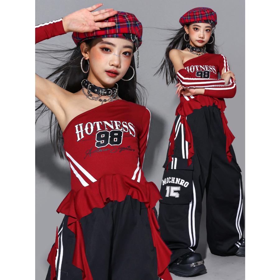ガールズ ヒップホップ 衣装 黒 赤 K-POP 韓国 チアダンス 子供ダンス