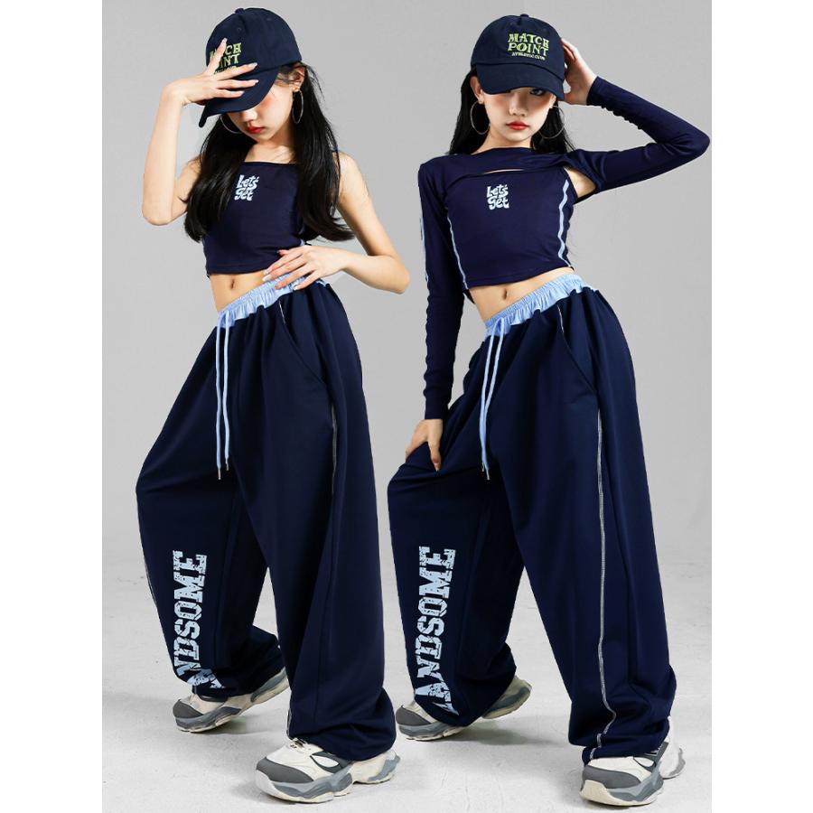 ヒップホップ ダンス衣装 ガールズ K-POP 韓国 ネイビー キッズダンス