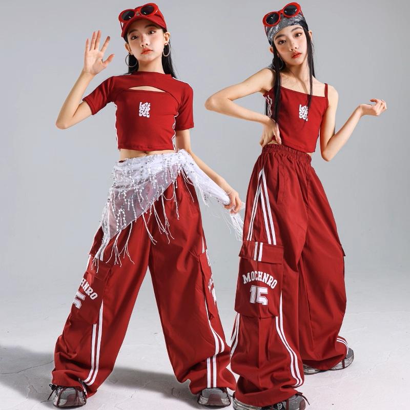 ヒップホップ ダンス衣装 ガールズ K-POP 韓国 赤 キッズダンス衣装