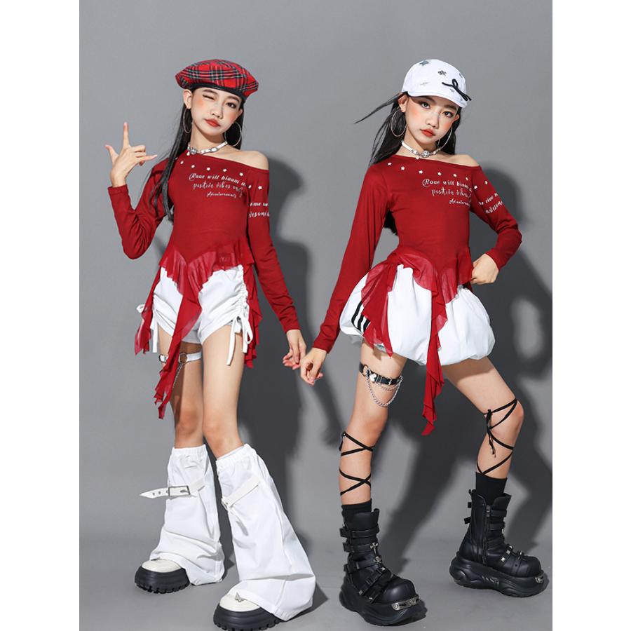 ベリーダンス セットアップ レッド・ホワイト ダンス衣装 ガールズ 衣装 赤 白 K-POP 韓国 ジャズ キッズダンス衣装