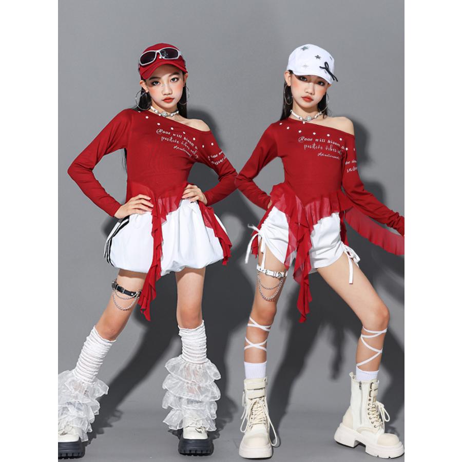 ダンス衣装 ガールズ 衣装 赤 白 K-POP 韓国 ジャズ キッズダンス衣装
