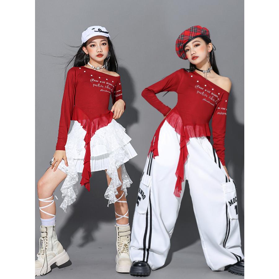 ダンス衣装 ガールズ 衣装 赤 白 K-POP 韓国 ジャズ キッズダンス衣装