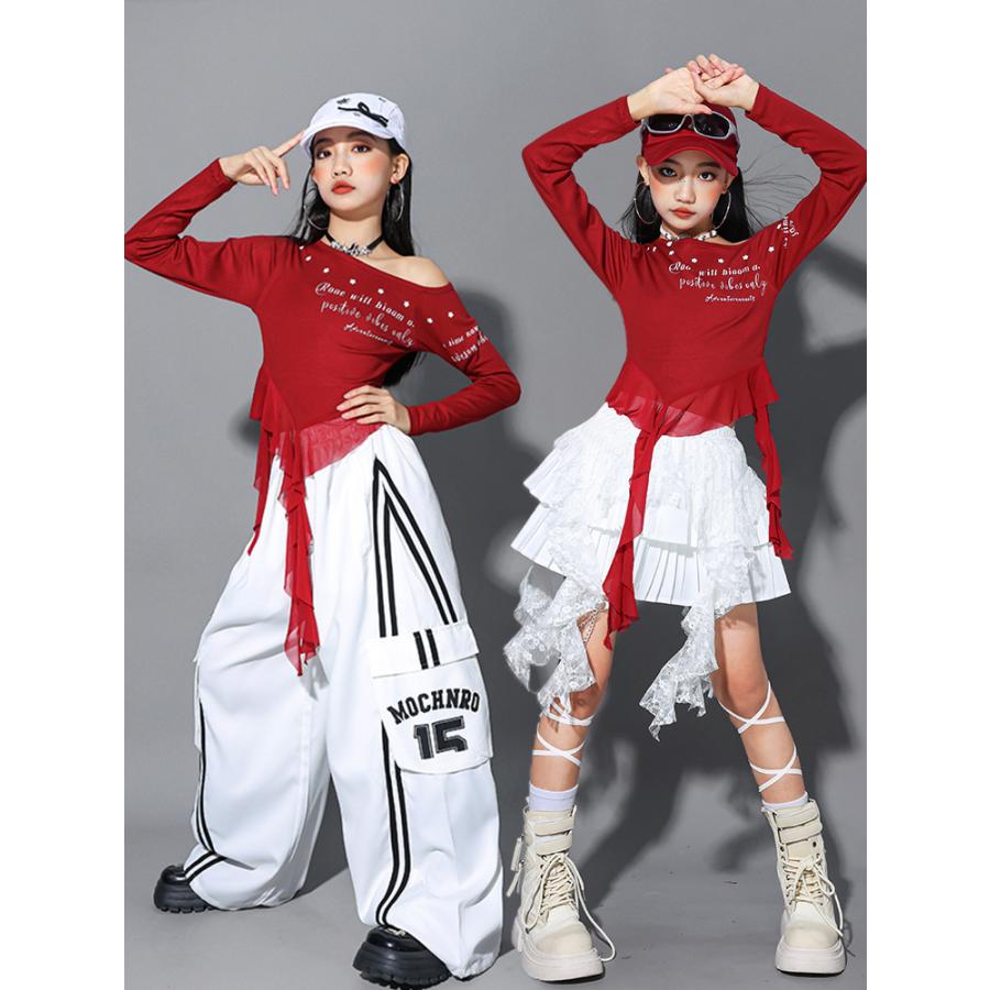 ダンス衣装 ガールズ 衣装 赤 白 K-POP 韓国 ジャズ キッズダンス衣装