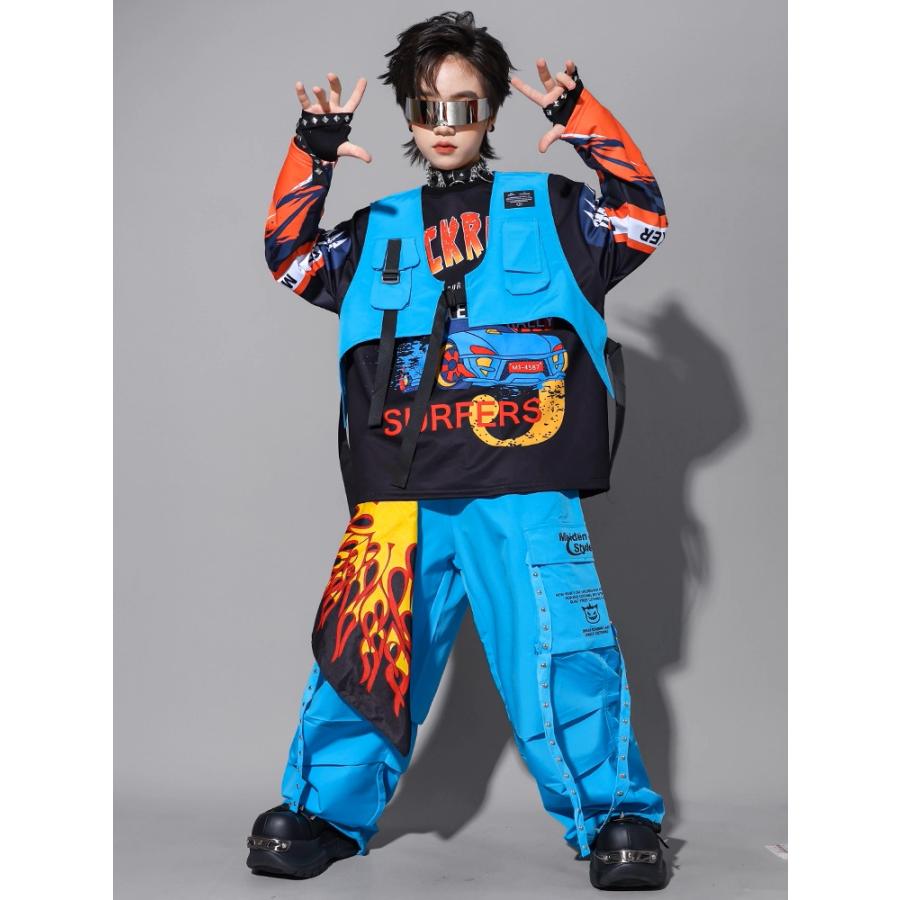 キッズダンス衣装 セットアップ ヒップホップ 衣装 黒 水色 オレンジ K