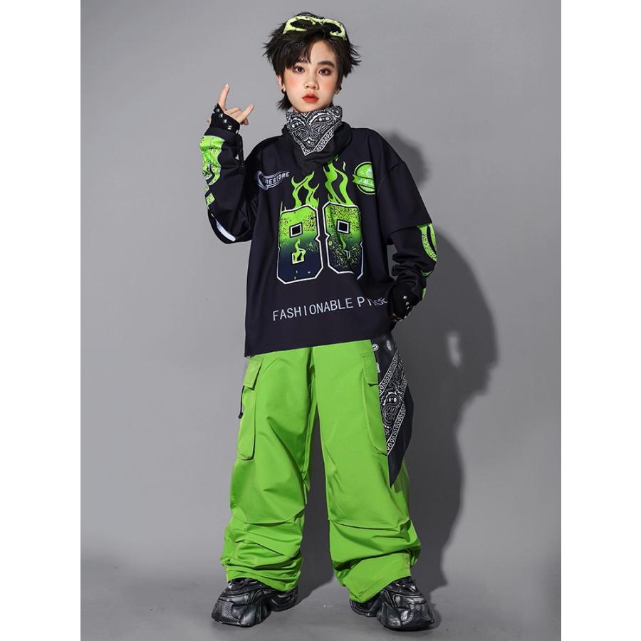 キッズダンス衣装 セットアップ ヒップホップ 衣装 黒 黄緑 派手 K-POP