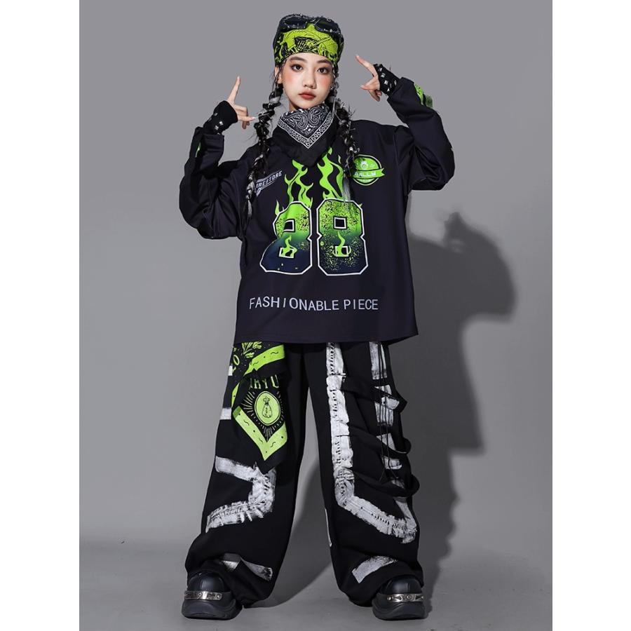 キッズダンス衣装 セットアップ ヒップホップ 衣装 黒 黄緑 派手 K-POP