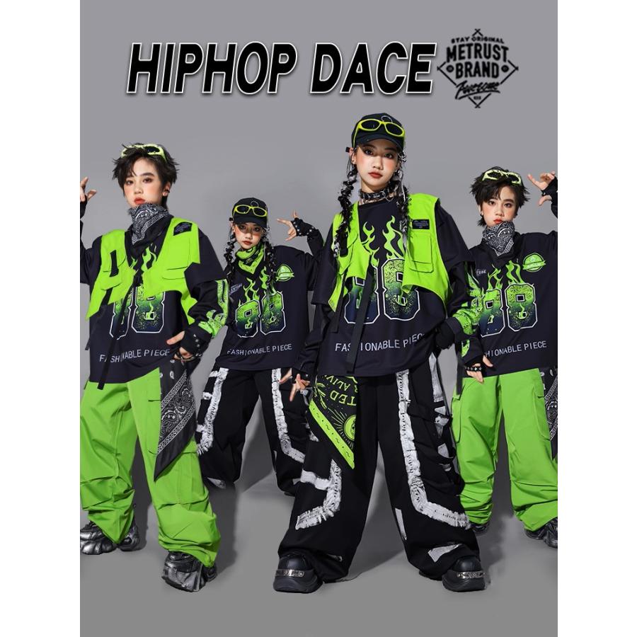 キッズダンス衣装 セットアップ ヒップホップ 衣装 黒 黄緑 派手 K-POP